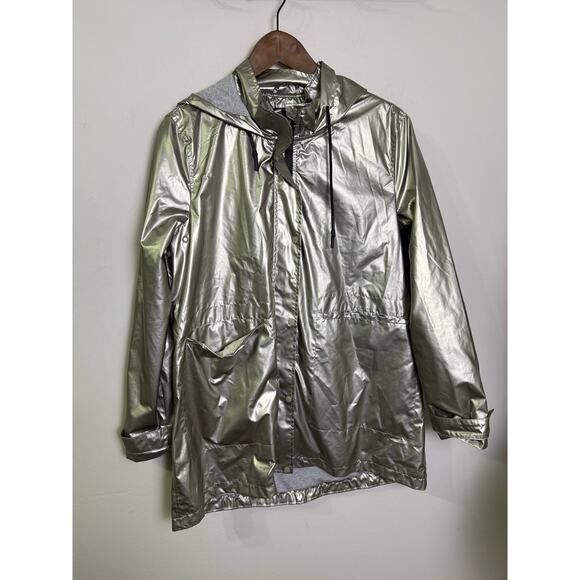 ZARA TRF Metallic Silver Hooded Rain Jacket Women’s S Lightweight Windbreaker - Picture 1 of 4